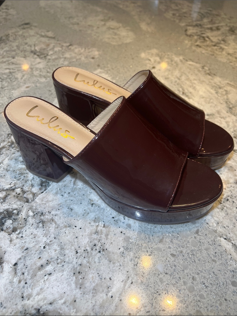 Lulus Curtis Brown Patent Platform Mules Size 6.5 Like New
